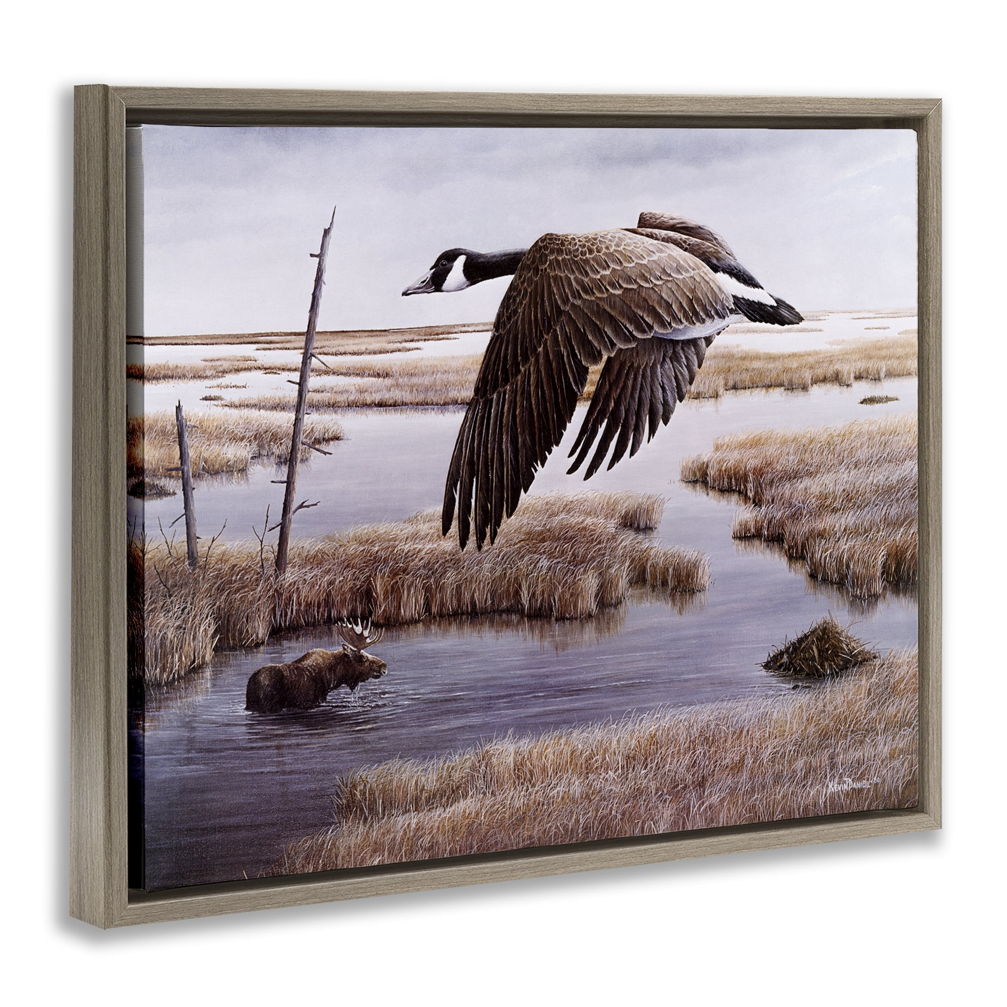 Stupell Industries Goose Over Creek Animals Painting Brown Floater Framed Canvas Art Print Wall Art, 31 x 25