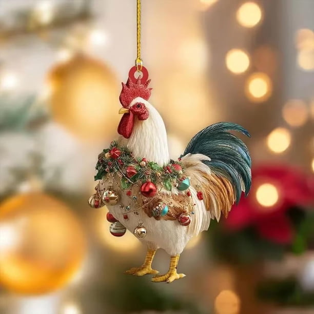 Adorno navideño de gallo | Decoración de árbol de pollo acrílico 2D con purpurina | Decoración navideña rústica para coleccionistas