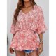 thumbnail image 2 of Mujeres verano Top V cuello impresiones sueltas medias mangas elástico cintura verano camisa Top rojo S, 2 of 8