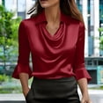 thumbnail image 2 of Womens Tops Elegant Cowl Neck 3/4 Sleeve Satin Work Blouse Spring Summer Shirts for Women Red L, 2 of 6