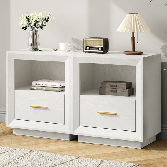 May in Color Charging Nightstand Set: Modern Bedside Tables with Large Drawer, 2 USB-C Outlets, Storage Cabinet for Bedroom, Dorm, Set of 2, White