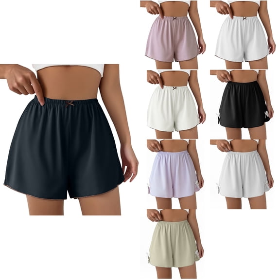 Antinious Women Solid Ice Silk Mesh Lace Stitching Loose Summer Sleep Loose Shorts Leggings