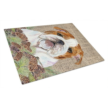 

Carolines Treasures SS4075LCB Bulldog English on Faux Burlap with Pine Cones Glass Cutting Board Large 12H x 16W