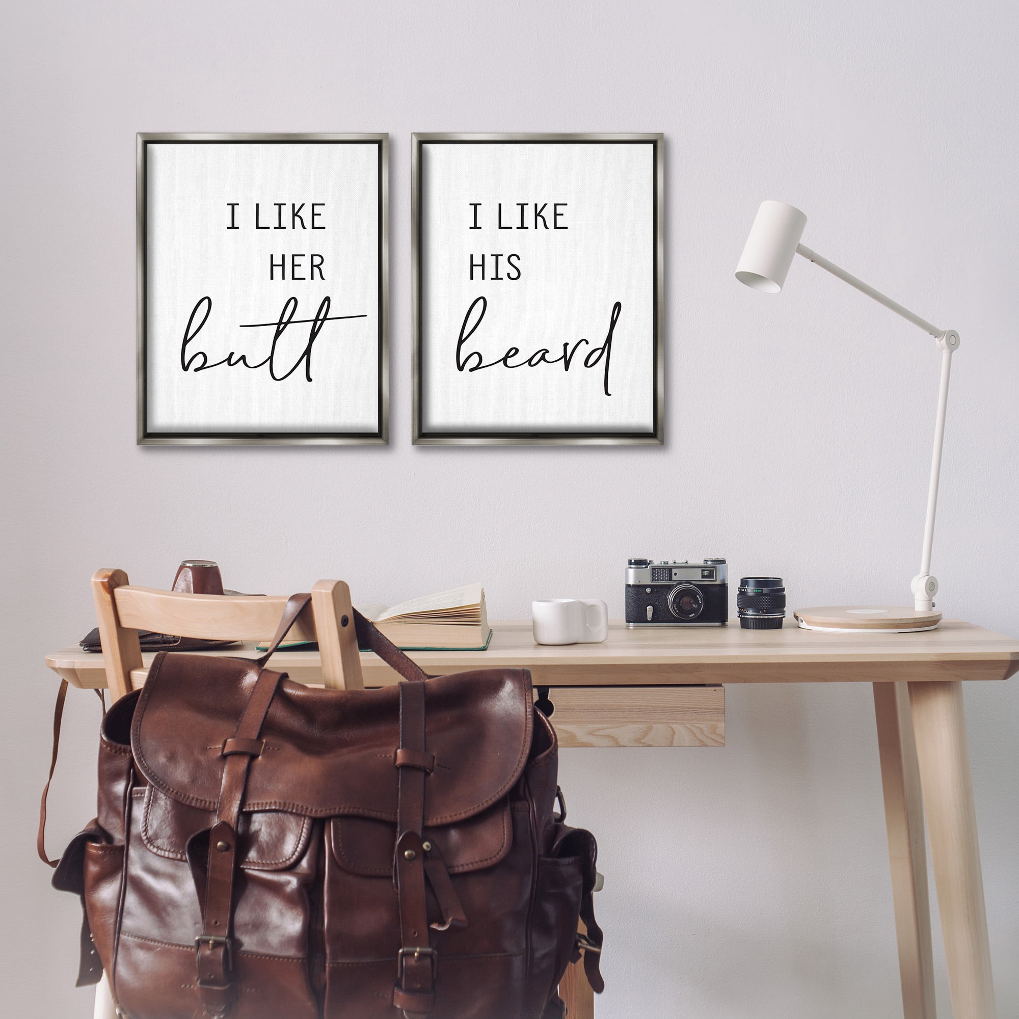 Stupell Industries Her Butt His Beard Funny Romantic Typography Painting Gray Floater Framed Canvas Art Print Wall Art, 17 x 21, Set of 2