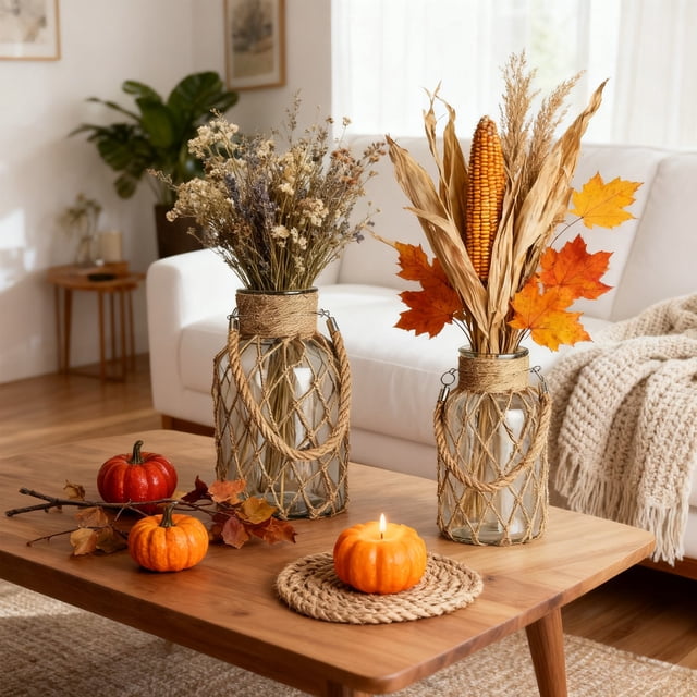 Bowayaoa Decorative Glass Vase Set Rustic Farmhouse Vase with Rope Handle Clear Vintage Vase for Fall Floral Arrangements Thanksgiving Table Centerpiece