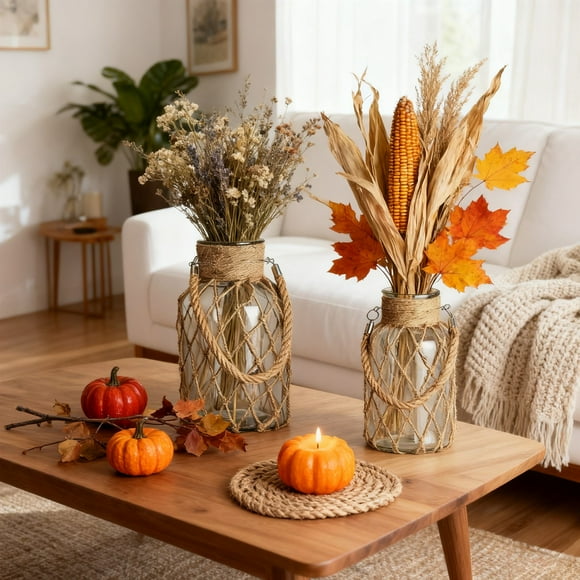 Sentmoon Vase Flower Vases Village Style Glass Vases with Rope and Handles Available In Large and Small Sizes Decorative Vintage Vases Suitable for Fall Farm Flower Arrangements
