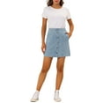 thumbnail image 2 of INSPIRE CHIC Women's Denim Skirts Solid Color A-Line Raw Hem High Waist Button Front Casual Jean Skirt L Light Blue Grey, 2 of 7