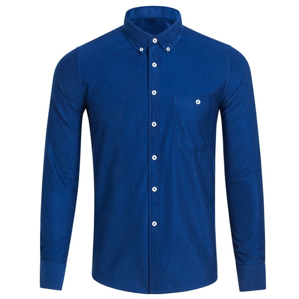 Blue Golf Shirts For Men Mens Fashion Casual Button Lapel Cotton Solid  Color Pocket Long Sleeve Shirt Top