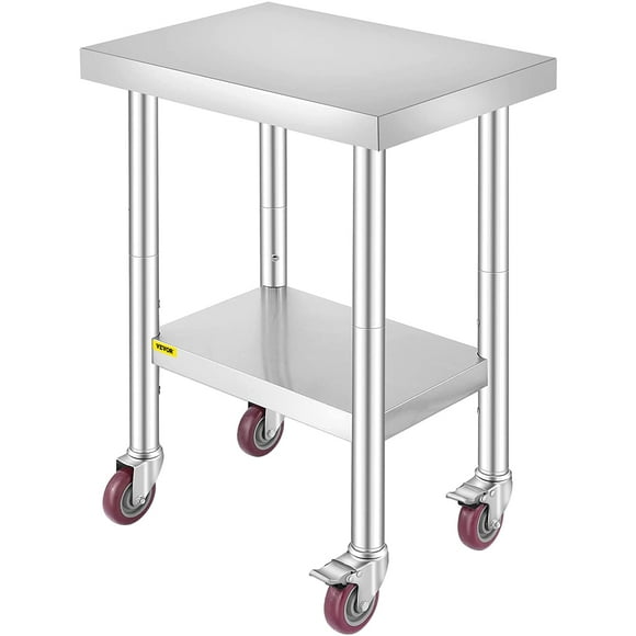 VEVOR Mesa de Trabajo de Acero Inoxidable de 60,9 x 45,7 x 91,4 cm, Estante Ajustable de 3 etapas con 4 Ruedas, Mesa de Trabajo Comercial Resistente con Freno para la preparación de la Cocina VEVOR commercial-work-tables
