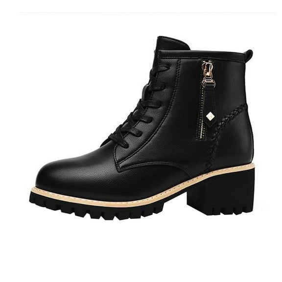 Wensltd Plush Lined Boots Women Side Zip Round Toe Warm Slip Resistant Casual Biker Boots Black