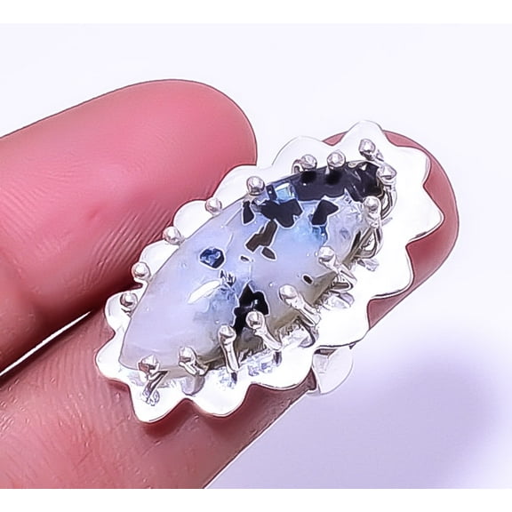 Black Tourmaline In Rainbow Moonstone 925 Sterling Silver Ring Adjustable (R24), Beautiful Jewelry For Woman, New Year Sale, Valentin's Day Gift