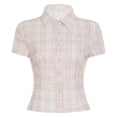 thumbnail image 4 of XIAOCHA Women's Plaid Print Button Down Shirt Short Sleeve Fitted Oktoberfest Casual Blouse, 4 of 8