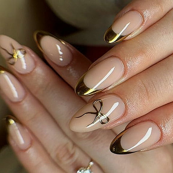 KUFptva Almond Press on Nails Glossy Fake Nails Stick on Nails in 12 Sizes 24Pcs French Nails Tips for DIYS Nails Decorations