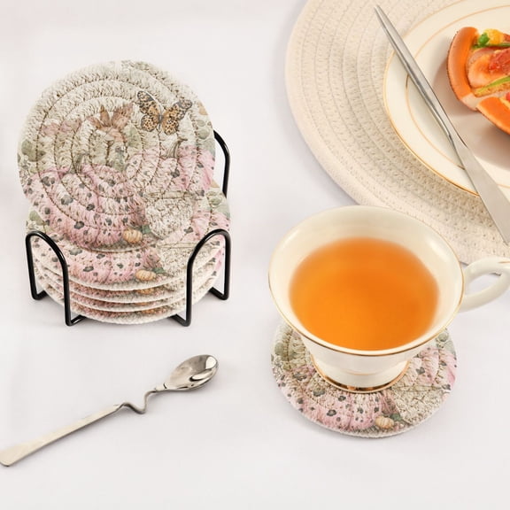 YAZAOO 6Pcs Drink Coasters With Holder 3.94Inch Pink Pumpkins and Butterfly Delight Creative Coil Coaster Coasters Colors Absorbent Coasters for Drinks Coasters Set Thicken Heat for Home Table