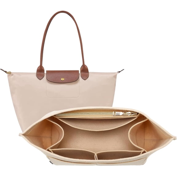 Purse Organizer Insert for Longchamp Le Pliage, Premium Felt Long Champ Bag Handbag Women, Tote Organizer Insert with 9 Compartments (Large, Beige)