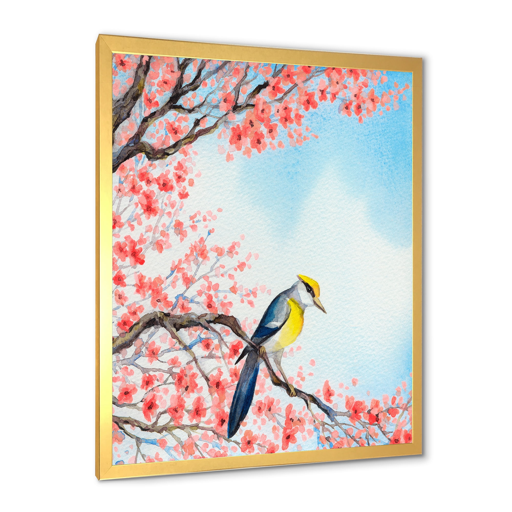 Beautiful Red Bird Sitting On Flowering Branch I 30 in x 40 in Framed Painting Canvas Art Print, by Designart