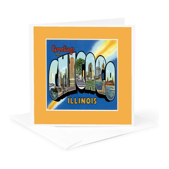 3dRose, Greetings from Chicago Scenic Colorful Postcard Reproduction, 1 Greeting Card with envelope
