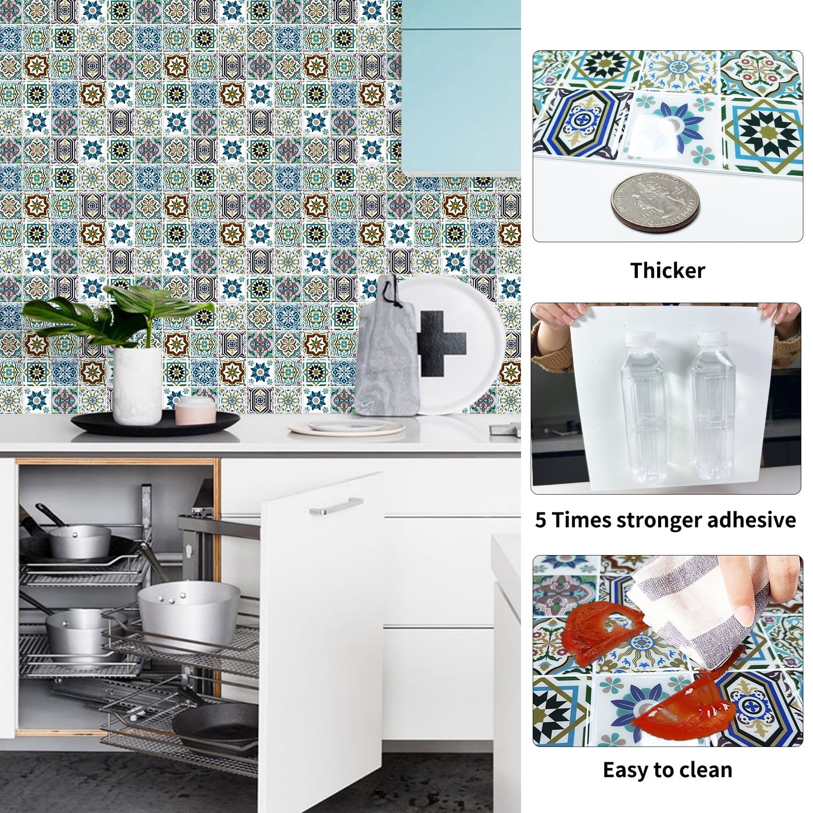 DEWOO 10PCS Mandala Tile Stickers, Peel and Stick Self Adhesive Removable Moroccan Tiles Backsplash Waterproof Oil Proof for Bathroom & Kitchen Wall Stickers Home Decor