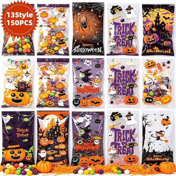 Halloween Cellophane Treat Bags, Clear Plastic Goodie Bags with 300 Twist Ties for Kids Party Favors, 150Pcs