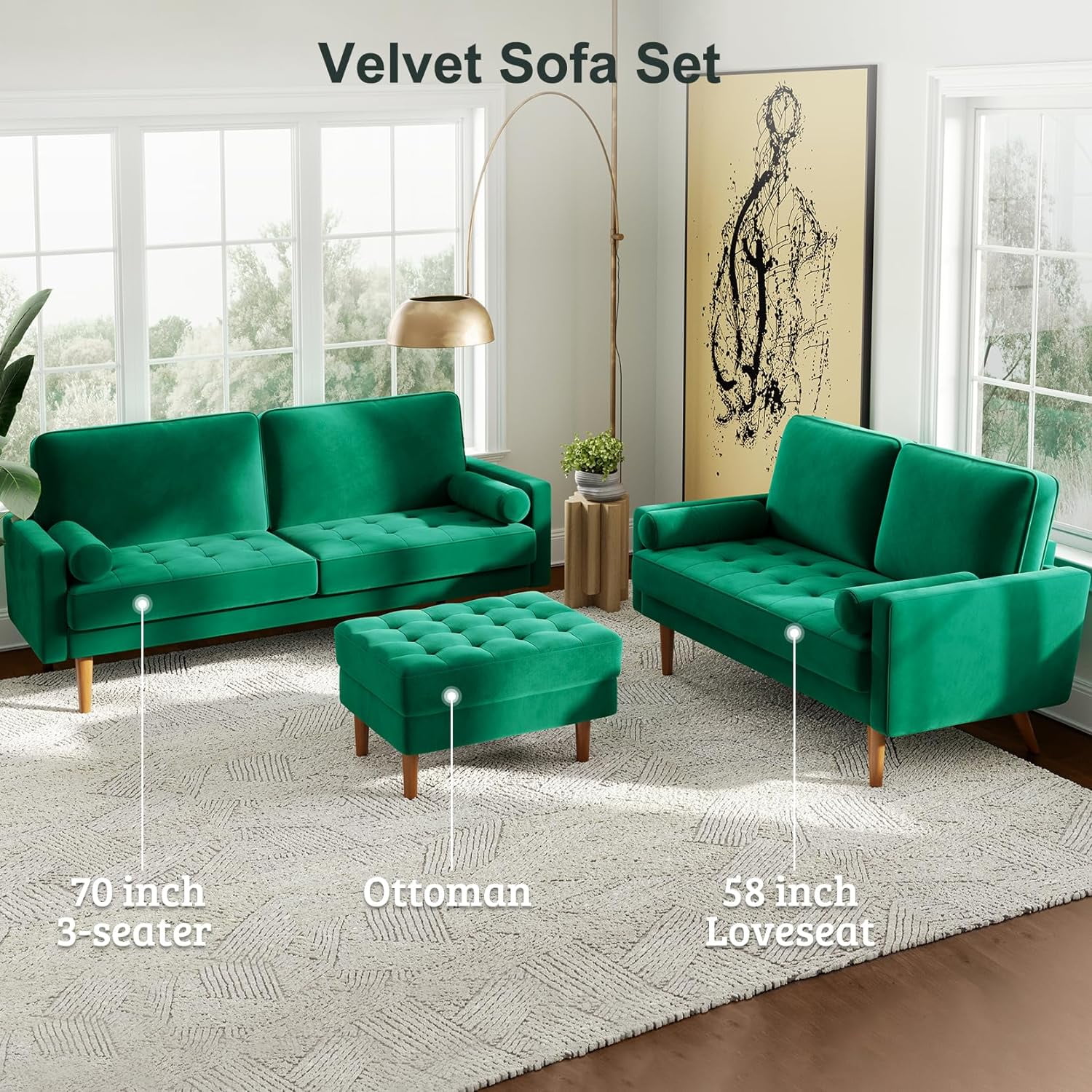 Neche 59" Velvet Spring Sofa Couch for Living Room, Office, Small Space, Solid Wood Leg, One Box, Green