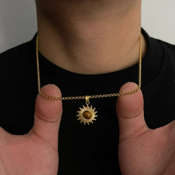 14K Yellow Gold Sun Pendant Necklace for Men Trendy Four Pointed Star Collar Chain Necklace Waterproof Neck Jewelry New