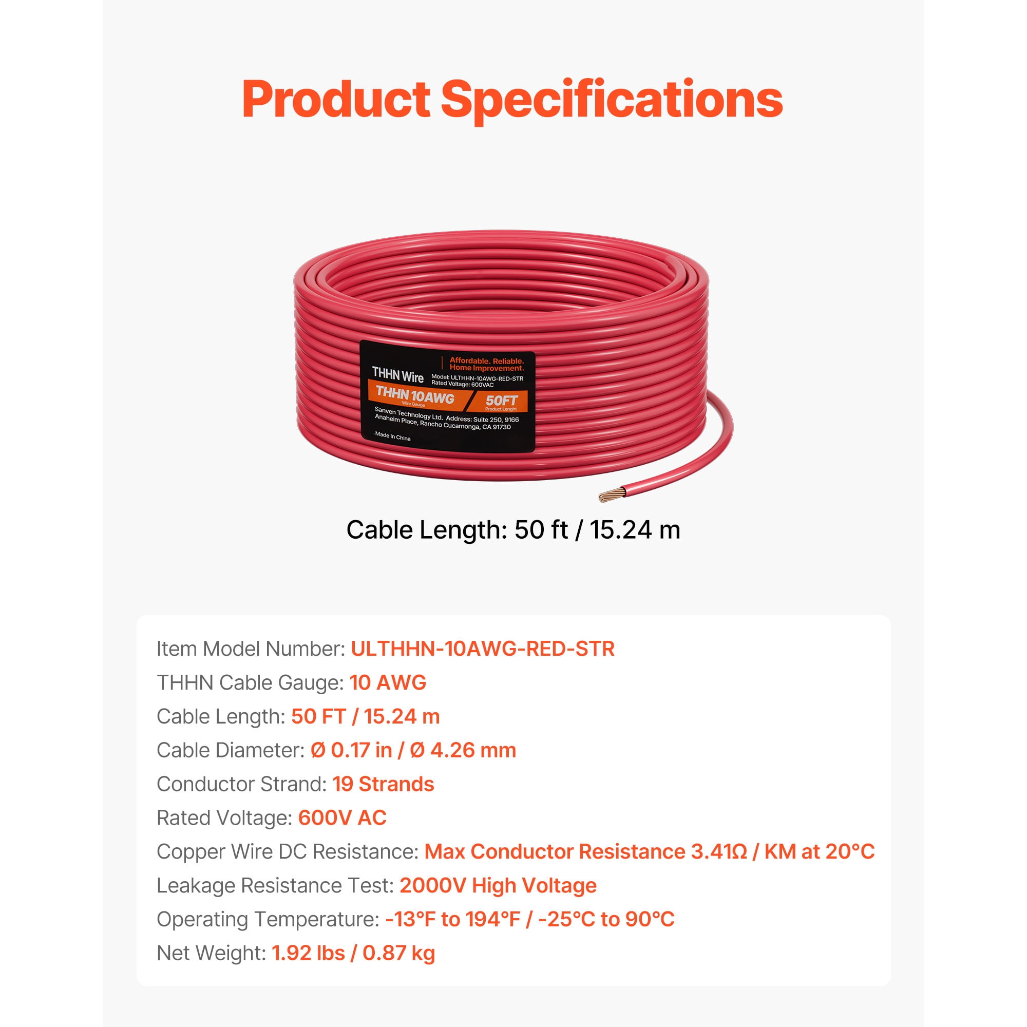 KFFKFF 10 AWG THHN Wire, 19-Strand, Pure Copper Electrical Wire with Nylon Coating, Rated for 600 Volts, Suitable for Indoor and Outdoor Applications in Commercial, Industrial