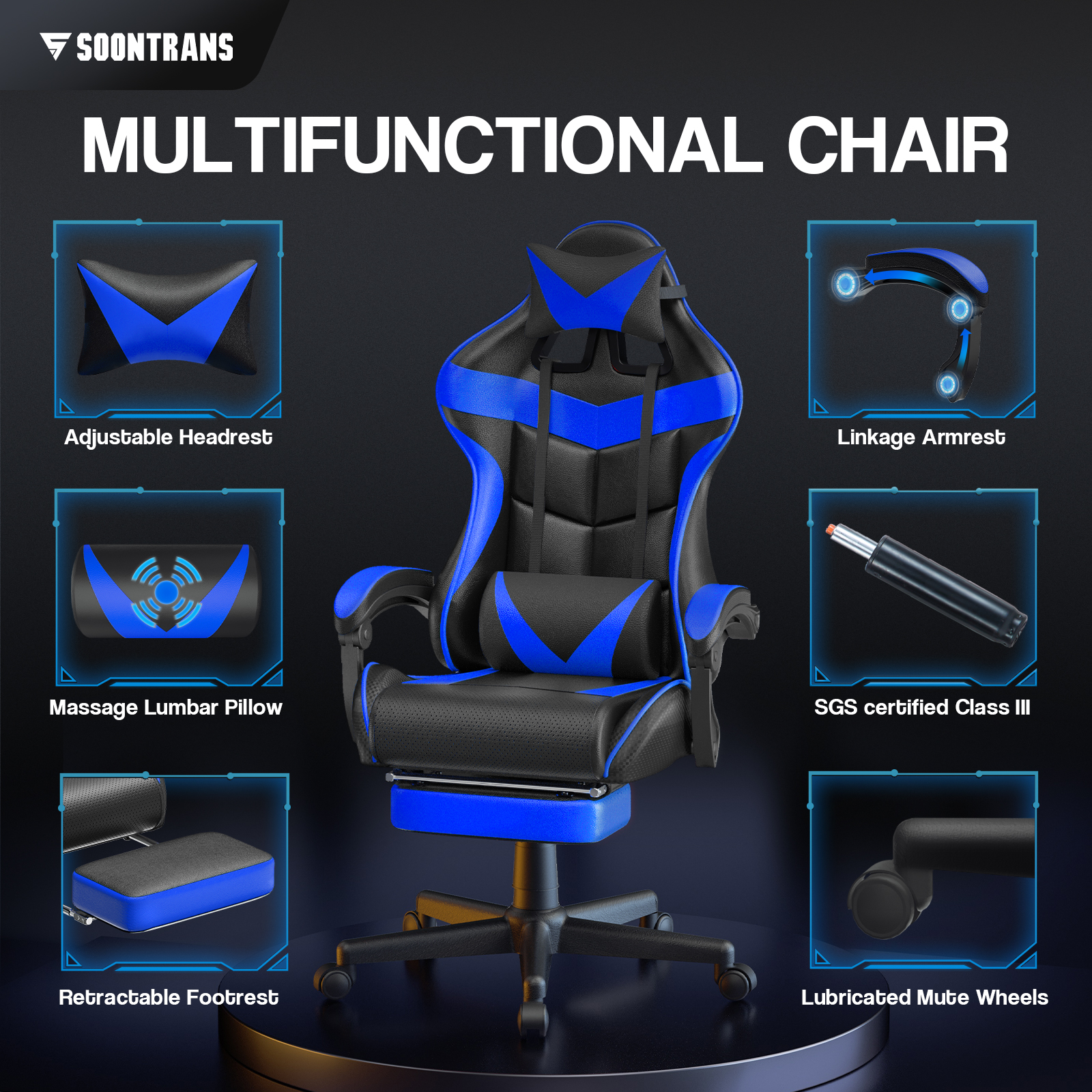 SOONTRANS Gaming Chair with Massage, Blue photo 6