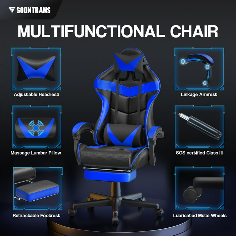 Soontrans Blue Gaming Chair with Footrest Office Chair with Massage Lumbar Support Adjustable Headrest High Back Comuputer Chair Ergonomic Game