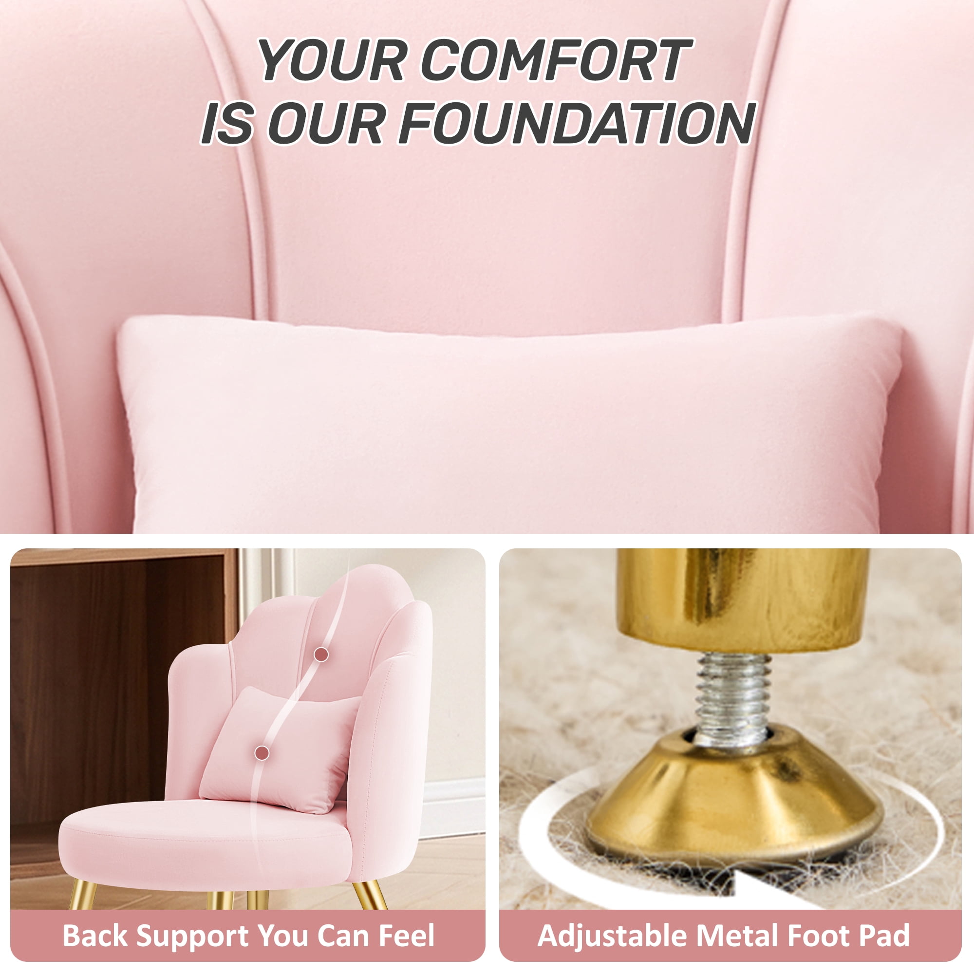 COOLHUT Petal Velvet Vanity Chair, Flower Cute Girls Mack Up Vanity Stool Chair with Lumber Pillow and Adustable Gold Legs, Upholstered Small Desk Chair for Living Room Bedroom Home Office, Pink
