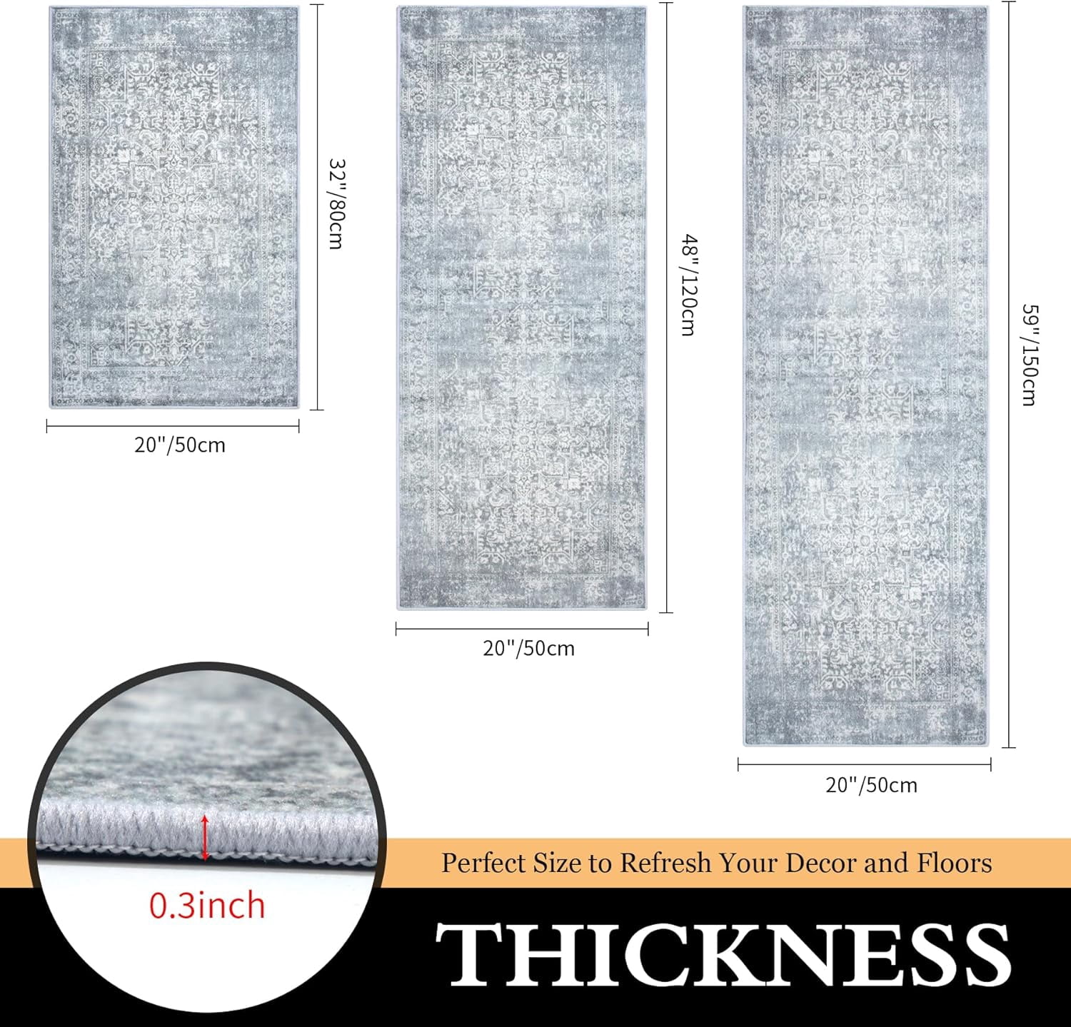 Kitchen Rugs Sets of 3 Non Slip Washable Kitchen Mats for Floor 3 Piece Set Boho Kitchen Rug Sets Gray Runner Carpets Absorbent for Laundry Room Hallway Sink