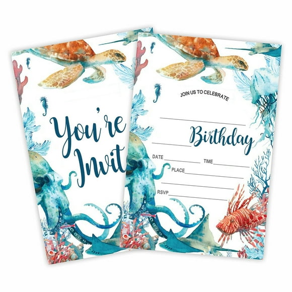 Invitations d'Anniversaire Aventure Océan - 20 Cartes à Remplir avec Enveloppes pour Fêtes d'Enfants - Parfait pour Garçons et Filles - Fournitures de Célébration à Thème Marin Amusantes