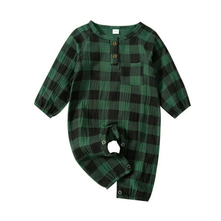 

Newborn Infant Baby Boy Cotton Linen Christmas Green Plaid Button Romper Bodysuit One Piece Jumpsuit Playsuits Outfits