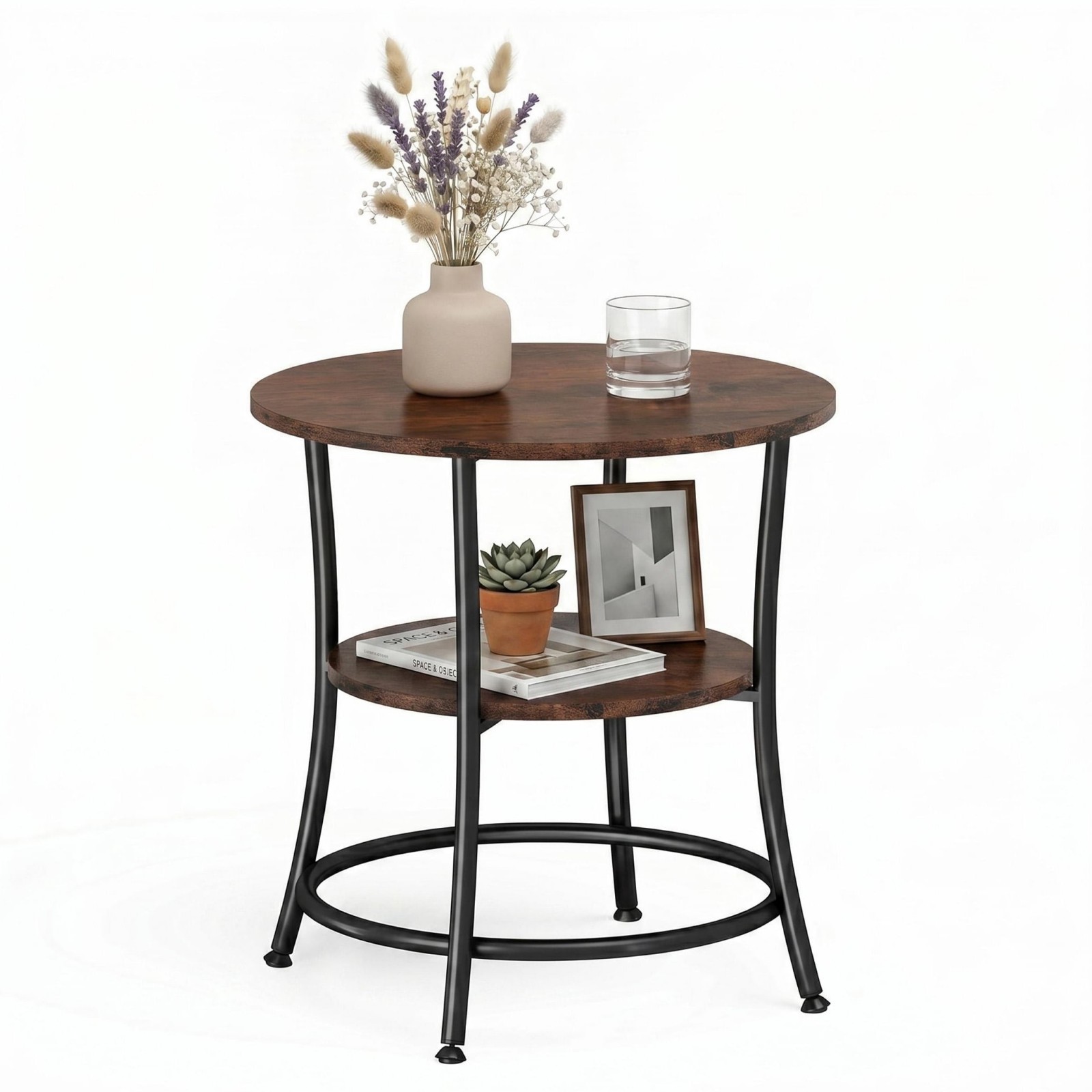 Telyra 2-Tier Round Side Table 21.8" End Table with Antiqued Wood Grain Top and Steel Base, Rust