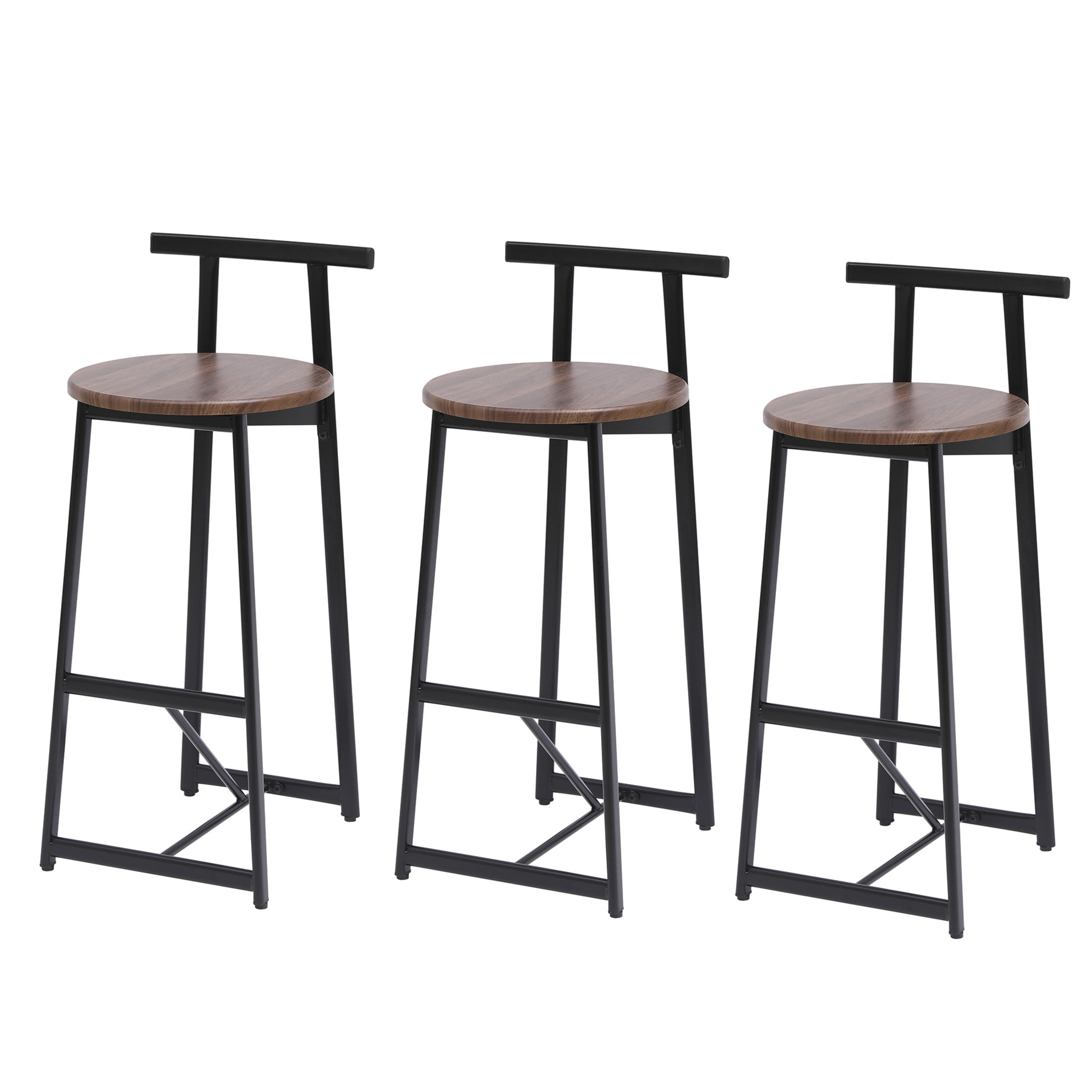 Noble House 34.25" Counter Height Bar Stools Set of 3 with Backrest & Footrest, Metal Frame, Black+Walnut