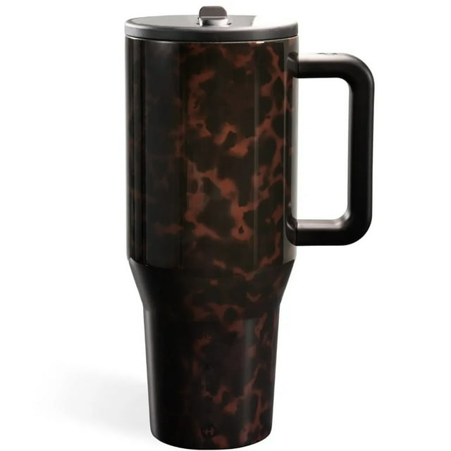 Bouteille d'Eau 40oz avec Poignée et Paille Rabattable - s'Insère dans un Porte-Gobelet, Gobelet Étanche - Réutilisable, Isolé, Base en Acier Inoxydable et Caoutchouc - Cadeaux pour Femmes et Hommes, Imprimé Léopard