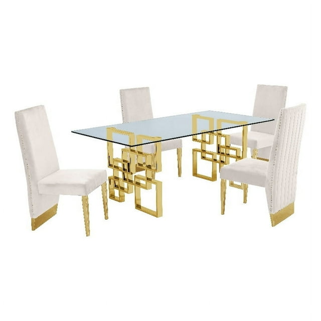 Ensemble de Salle à Manger Rectangulaire en Verre Transparent 5pc avec Base en Acier Inoxydable Doré