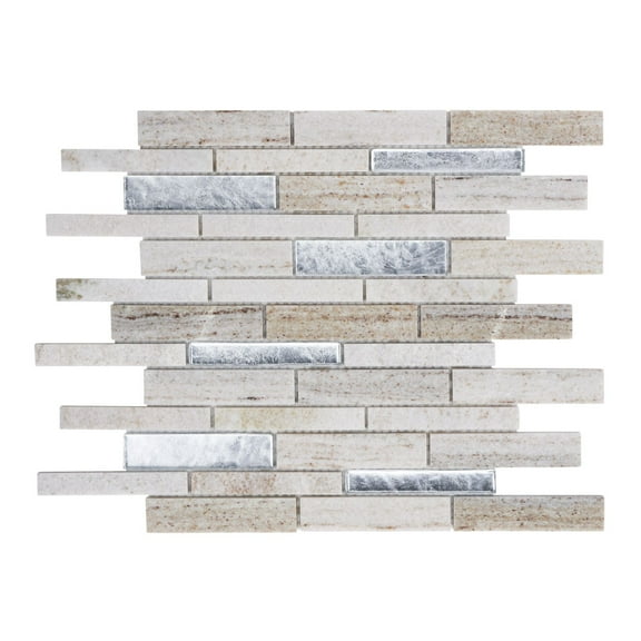Modket TDH474NS Sand Cream Gray Quartzite Marble Stone Silver Glass Mosaic Tile Wall Backsplash