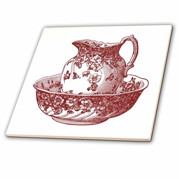 3dRose, Maroon Red Antique Pitcher And Bowl, 12 Inch Glass Tile