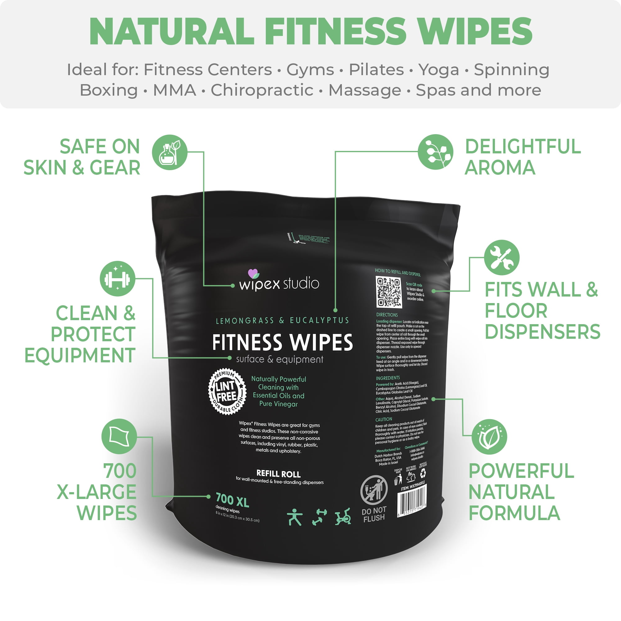 Wipex Natural Fitness Equipment Wipes 700ct Roll Vinegar Lemongrass & Eucalyptus