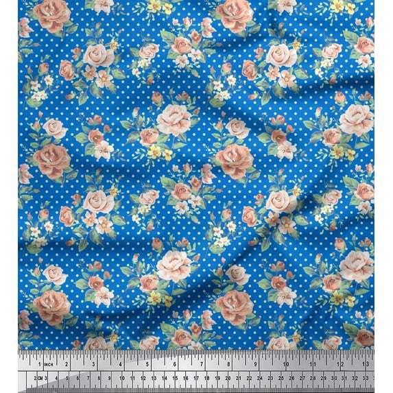 Soimoi Rayon Fabric Dot,Leaves & Peony Floral Printed Fabric 1 Yard 56 Inch Wide