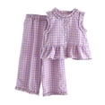 thumbnail image 4 of LNMQLPDBS Girls Summer Sets Puff Sleeve Ruffle Hem Floral Printed Top & Elastic Waist Pants 2pcs Outfits Summer Outdoor Casual Fashionable Suit Toddler Girl Clothes for Tour Vacation and Photo, 4 of 5