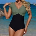 thumbnail image 2 of WAYUTE One Piece Swimsuit Women V Neck Rash Guard Stretch Comfort Fit Lace Up Ruffle Solid Color Tummy Control Swimwear, 2 of 5
