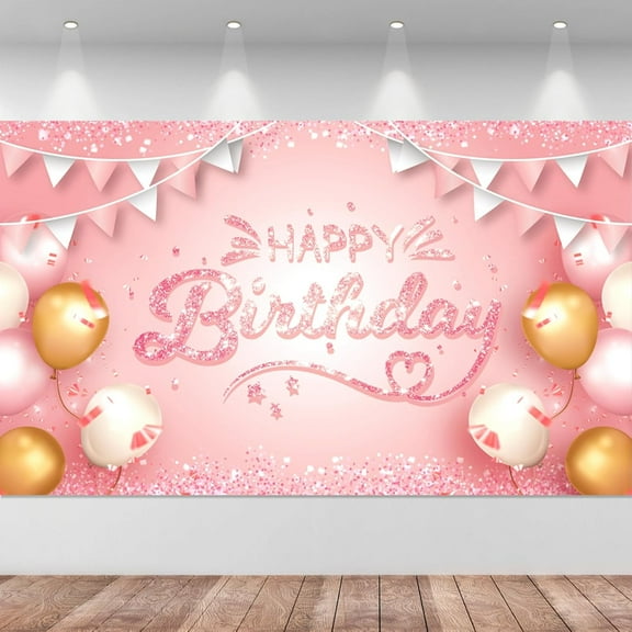 Happy Birthday Party Beautiful Backdrops Photography Backgrounds Birthday Banner Sign in Yard Decoration Supplies for Men Women Photo Booth Props Pink