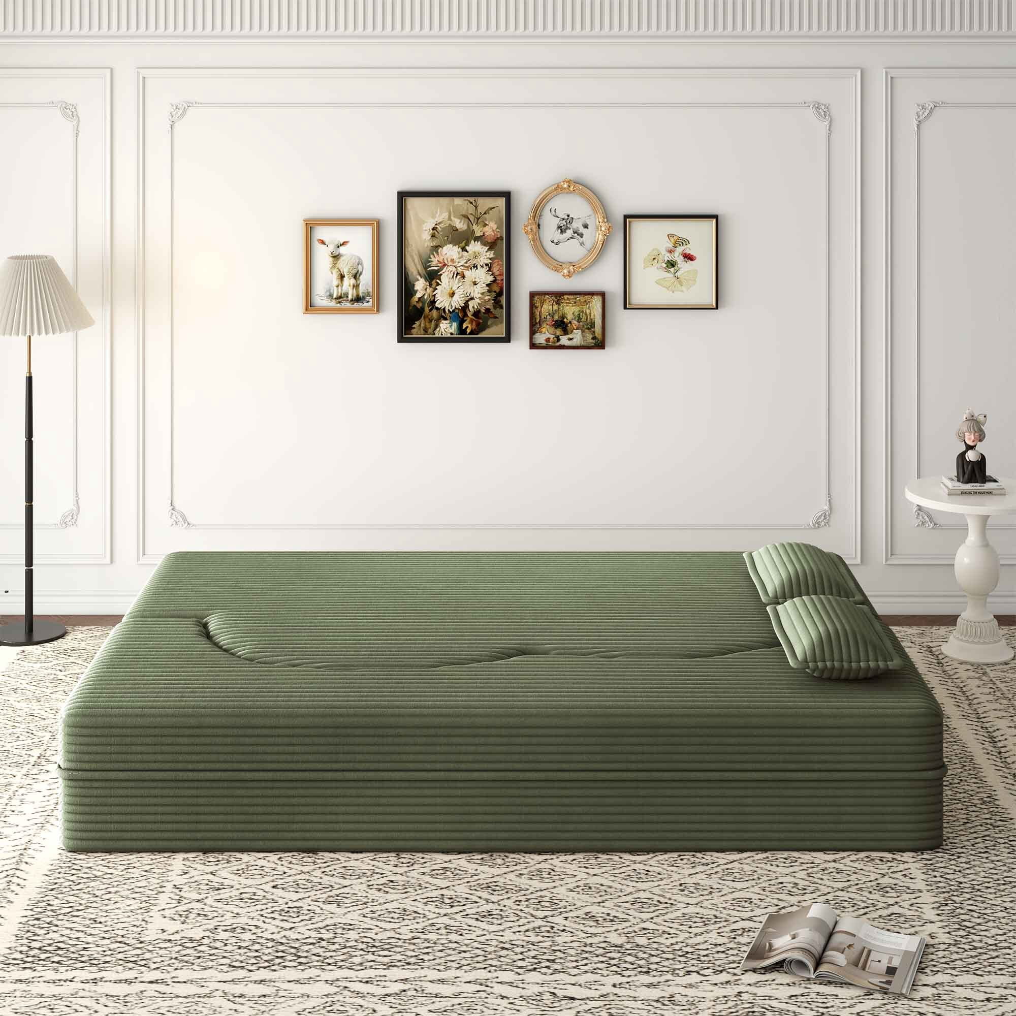 Lunale Full Size Convertible Sofa Bed, Boneless Cloud Couch, Folding Floor Sleeper Sofa for Living Room, Green Corduroy
