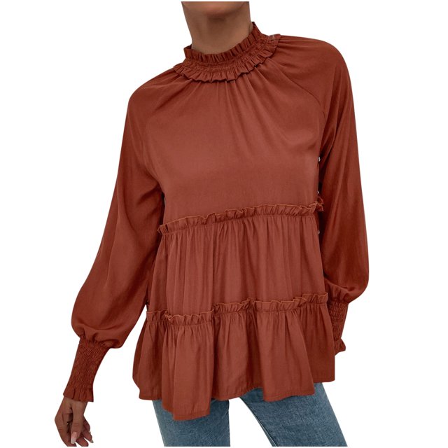 Blouses for Women Turtle Neck Ruffle Lantern Long Sleeve Solid Color Ladies Casual Loose Pullover Shirt Fall Tops