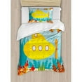 thumbnail image 3 of Yellow Submarine Duvet Cover Set, Sea Life Theme Vehicle Fish and a Crab Illustration Print, Decorative 3 Piece Bedding Set with 2 Pillow Shams, Queen Size, Yellow Pale Blue, by Ambesonne, 3 of 3
