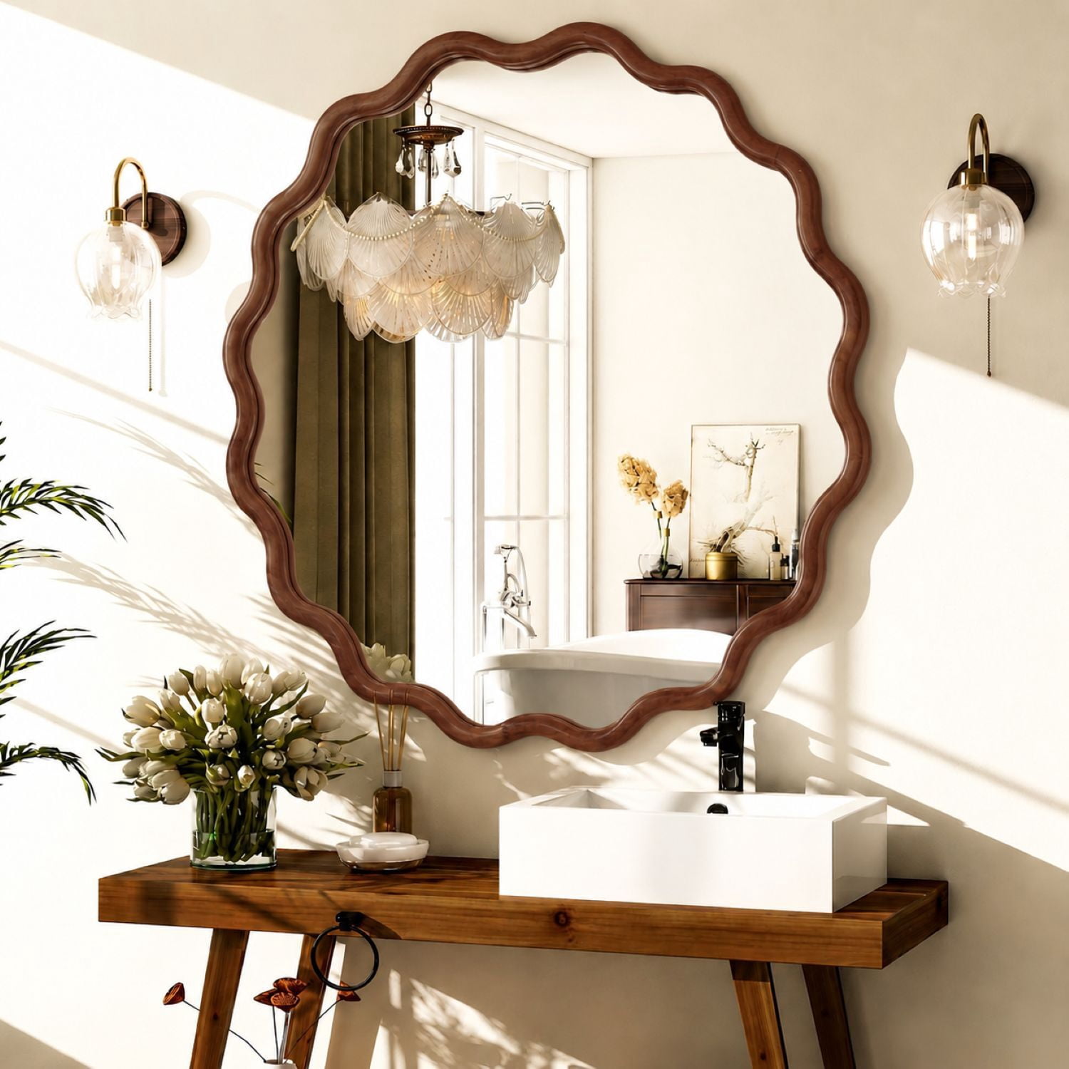 Easy4Home 30" x 30" Wavy Round Bathroom Mirror Wall Decor with Wooden Frame, Walnut
