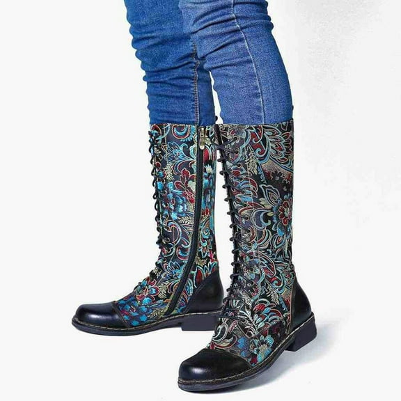 Chenyee Women's Embroidered Lace up Knee High Boots Retro Low Heel Side Zipper Western Riding Booties