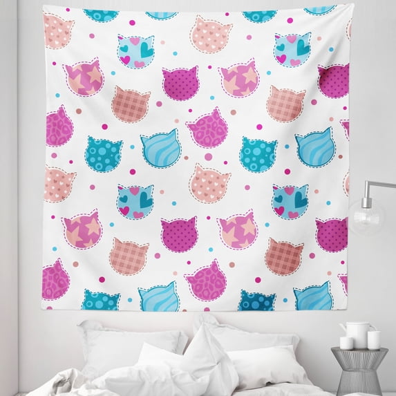 Feminine Tapestry, Cat Heads Silhouettes with Stars Dots and Stripes Checked Patterns Patchwork, Fabric Wall Hanging Decor for Bedroom Living Room Dorm, 5 Sizes, Fuchsia and Blue, by Ambesonne