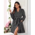 thumbnail image 2 of Ekouaer Black Bathrobe for Women Fleece Plush Robes Knee Length Warm Ladies Sleep Robe Jacquard Sleepwear with Pockets, 2 of 6